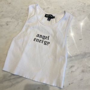 Motel Rocks Tank- GIVAS CROP TOP IN WHITE "ANGEL ENERGY" IN BLACK